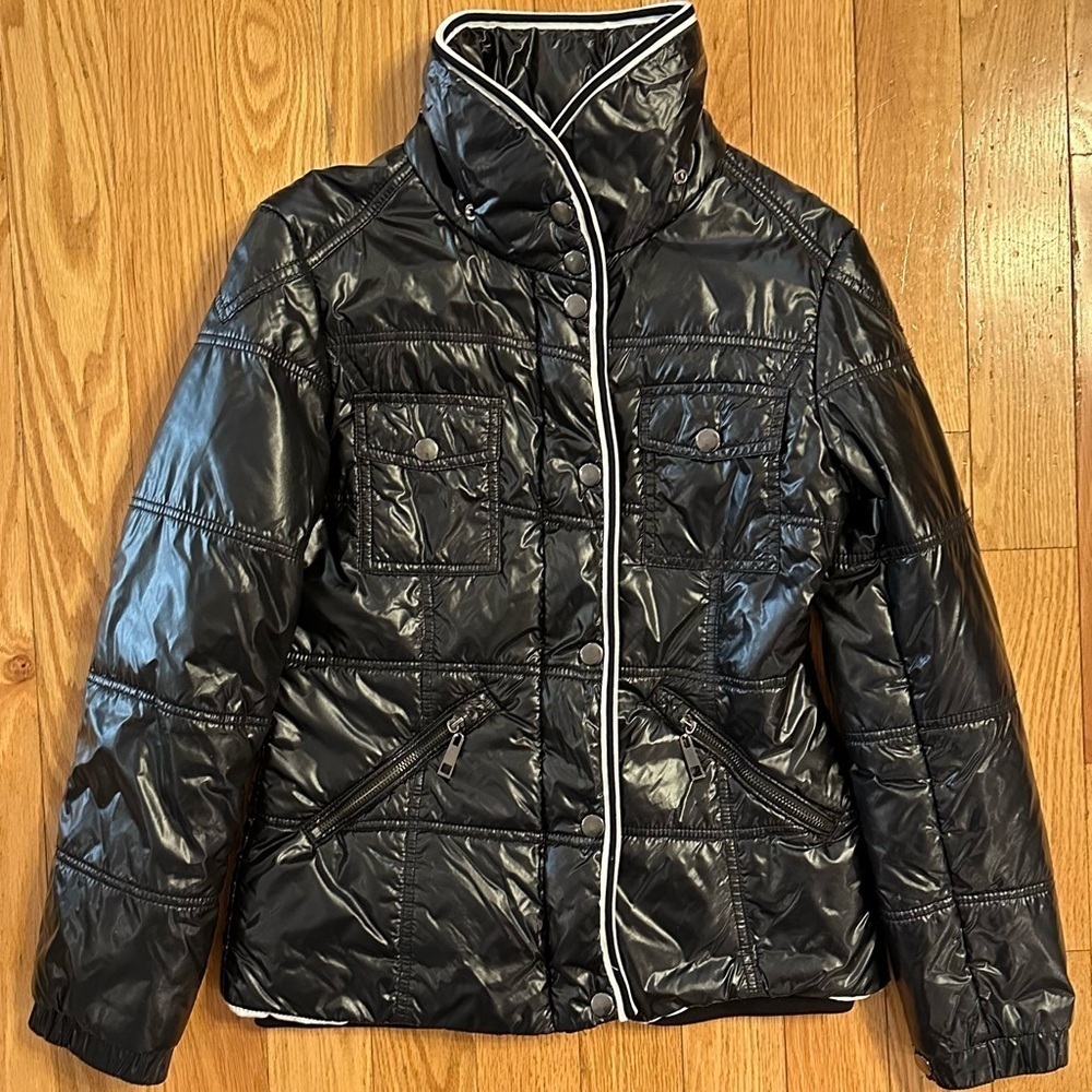 Sweewe Paris Shiny Black Quilted Puffer Jacket Coat Winter Pocket Zipper Snap S
